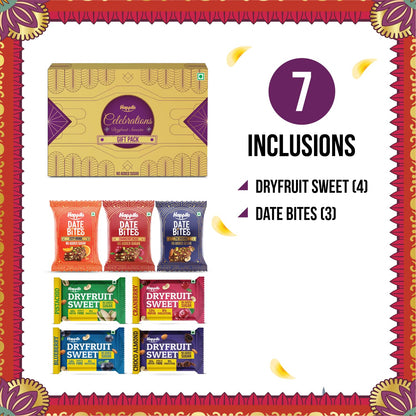 Happilo Premium Celebration Gift Box with 7 Inclusions | Dryfruit Sweets (Pistachio, Cranberry, Blueberry and Choco Almond) & Date Delight (Original, Cranberry and Orange) | Gift