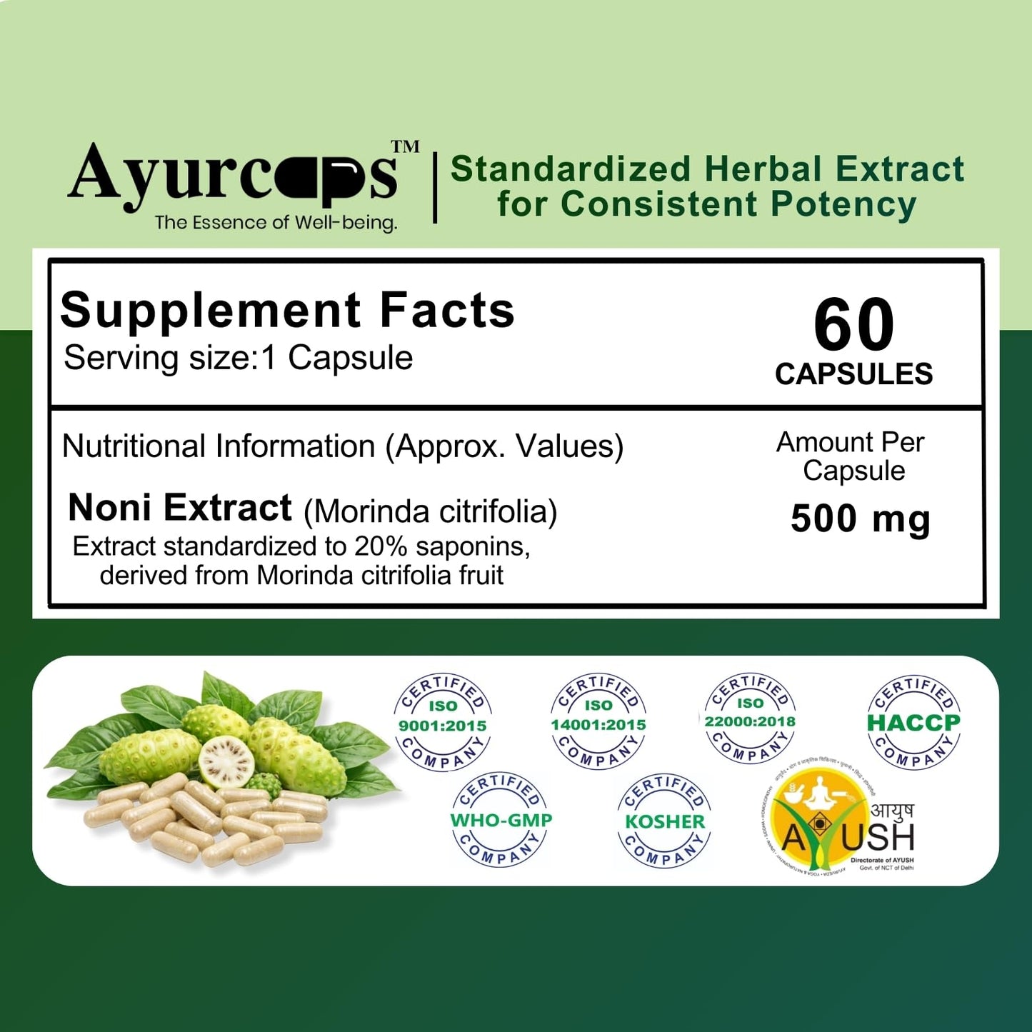 Ayurcaps Noni 500mg 60 Veg Capsules | Herbal Noni Fruit Extract Supplement For Immunity Support, Energy And Antioxidant Wellness | Ayurvedic Plant Based Daily Health Supplement (Pack of 1)