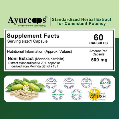 Ayurcaps Noni 500mg 60 Veg Capsules | Herbal Noni Fruit Extract Supplement For Immunity Support, Energy And Antioxidant Wellness | Ayurvedic Plant Based Daily Health Supplement (Pack of 1)