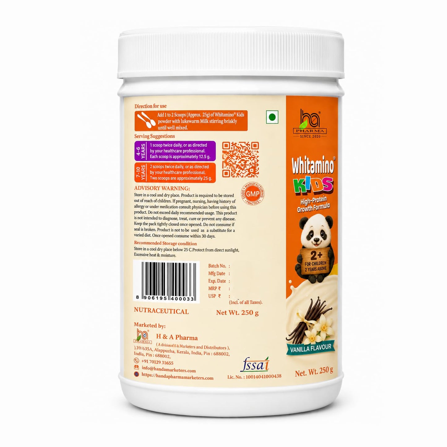 Whitamino, kids protein powder (2-10 Years) – High-Protein Nutritional Drink for Children with 12.5g Protein, 26 Vitamins & Minerals – Vanilla Flavor, 250g