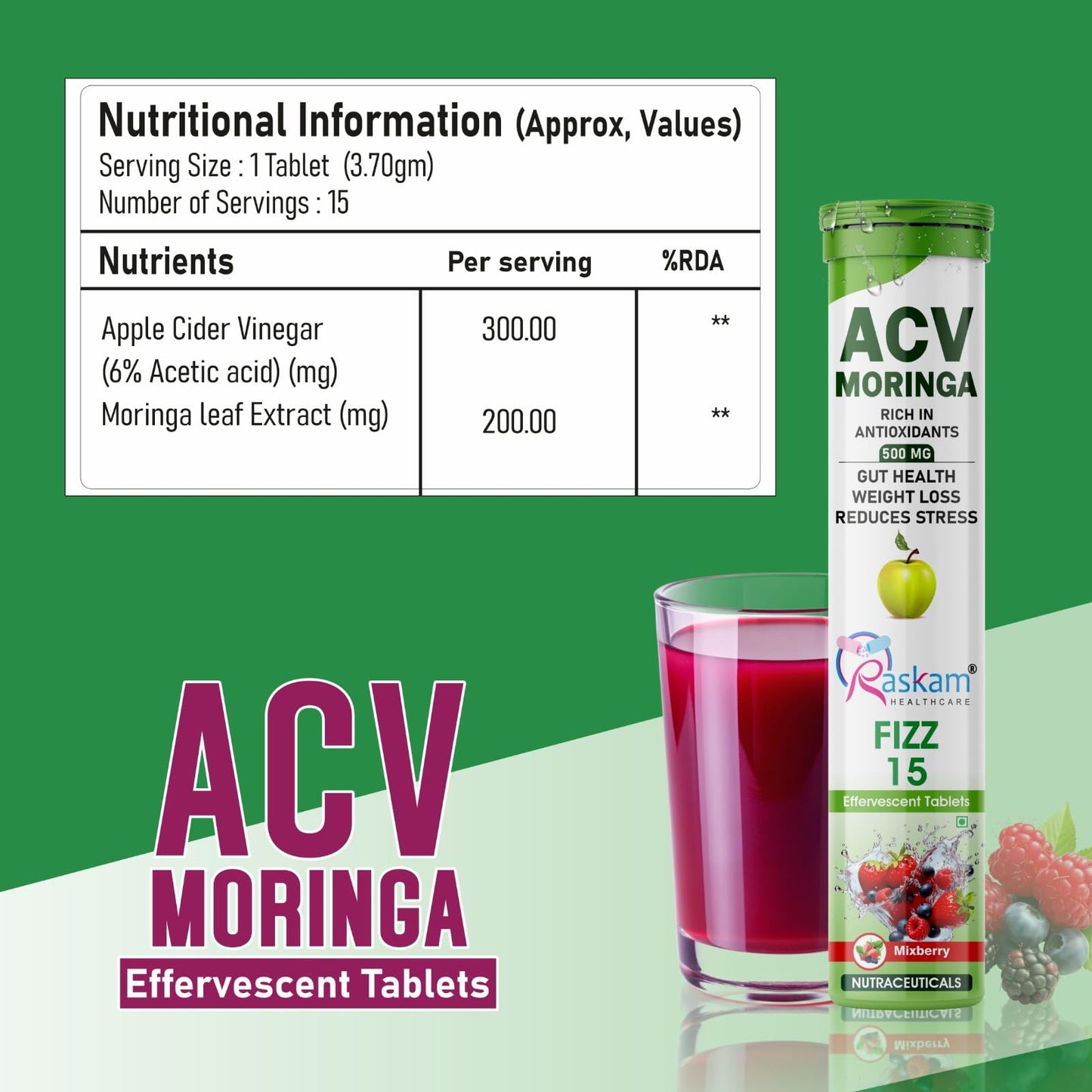 Raskam ACV Moringa Effervescent Tablets | Fizz 15 Tablets in Mixberry Flavor, 500mg| Natural Energy & Immunity Booster with Antioxidants to Control Cravings (Pack of 1)