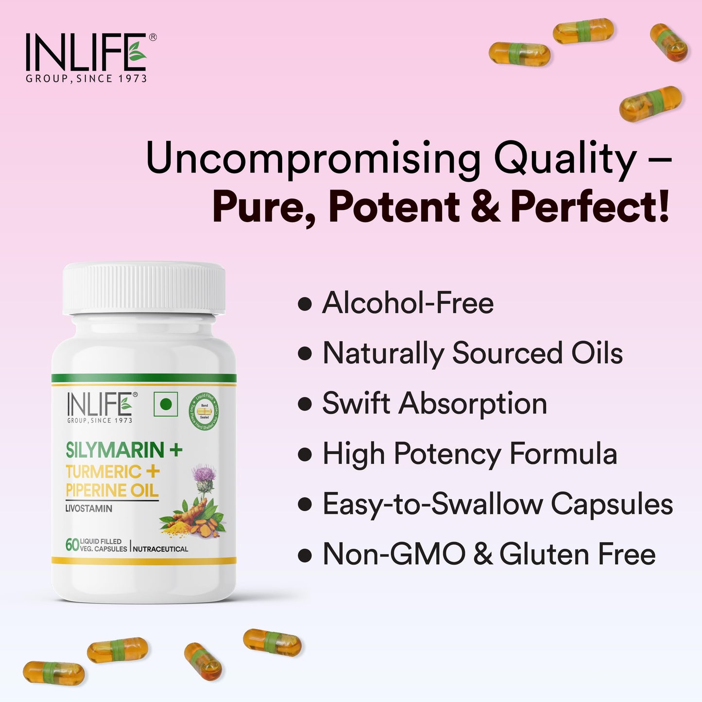 INLIFE Silymarin Oil Capsules 200 mg with Turmeric & Piperine | For Men & Women | 60 Vegetarian Capsules