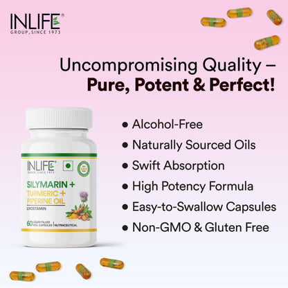 INLIFE Silymarin Oil Capsules 200 mg with Turmeric & Piperine | For Men & Women | 60 Vegetarian Capsules