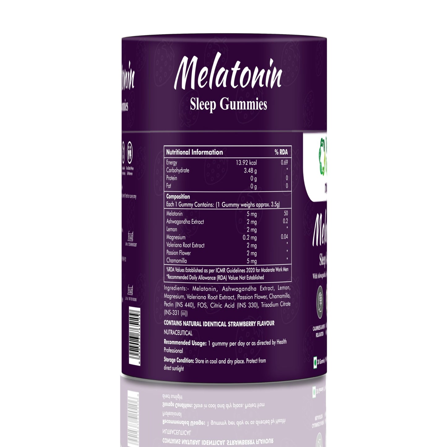 Ventin Organics Itinoin Melatonin 5mg Sleep Gummies | 30N | No Added Sugar | Enhanced with Ashwagandha, Chamomile, Passion Flower & Valerian Root Extract | Sound Sleep & Relaxation Strawberry Flavour