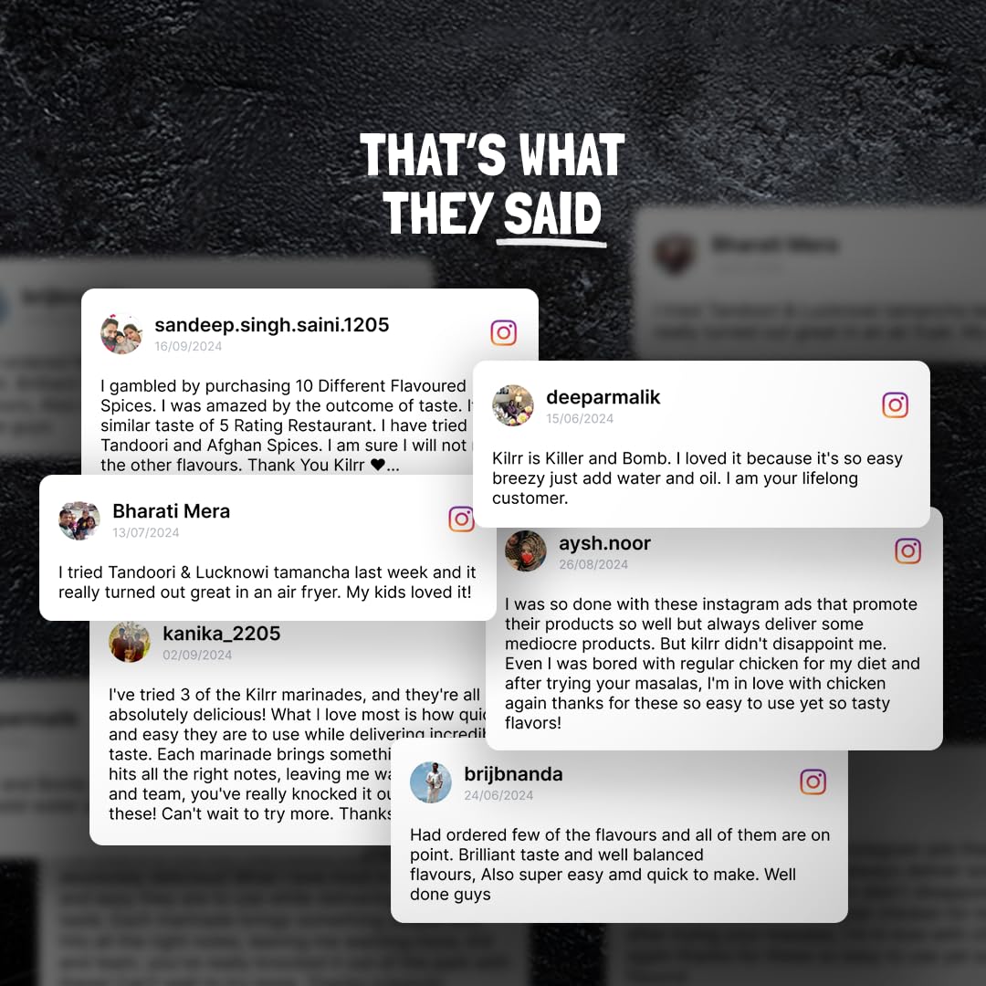 KILRR Chicken Marination Masala Variety Pack of 10 (Marinates 250g Chicken per Pack) | 1- Min Killer Marinade for Tikka, Tandoori Chicken | 100% Natural | No Preservatives | Just Add Water & Oil | Killer Gang