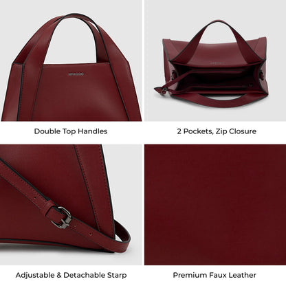 Miraggio Risa Top-Handle Satchel Handbag for Women with Detachable & Adjustable Sling Strap (Wine)