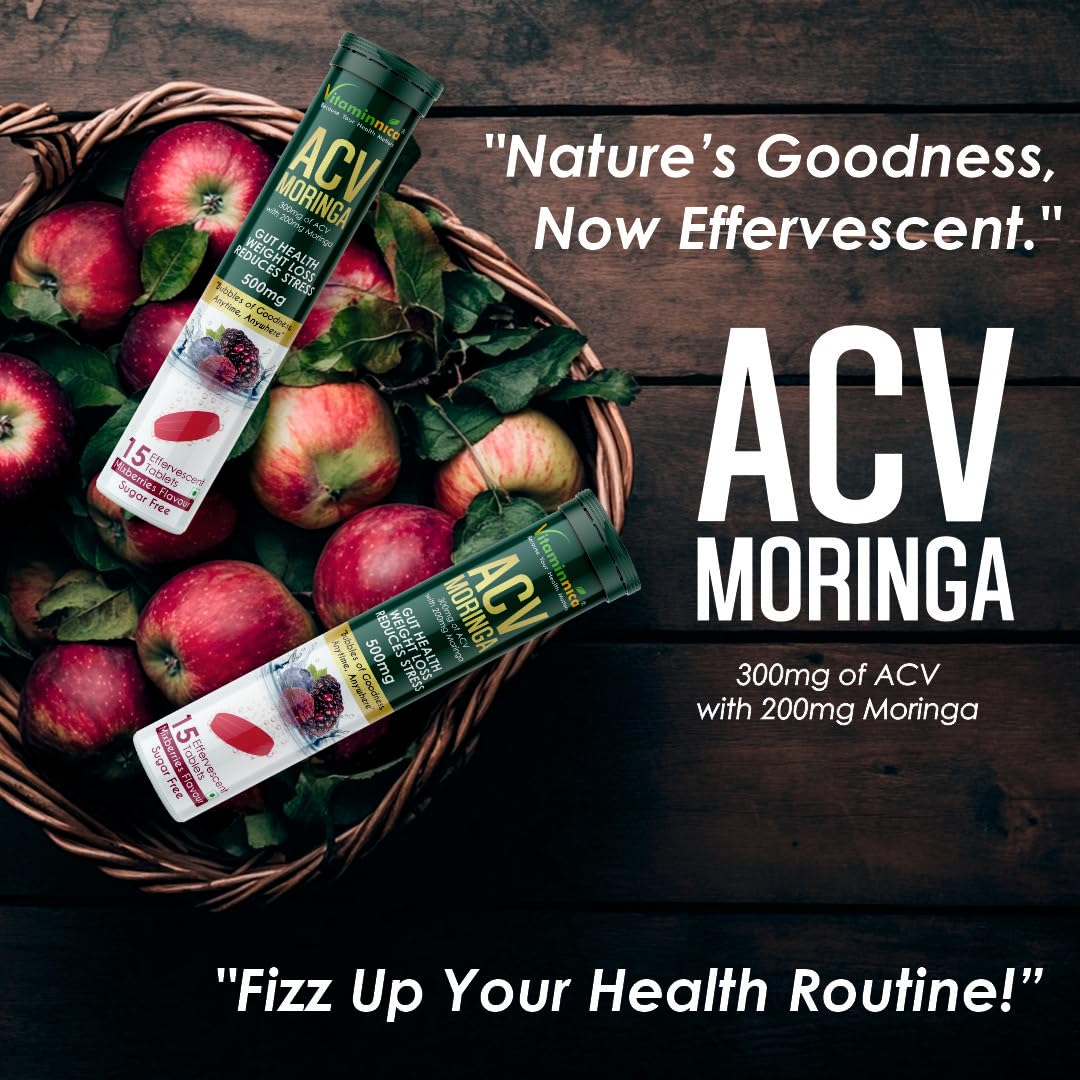 Vitaminnica ACV Moringa Effervescent Tablets | Mix combo pack of - Green Apple, Orange, Mixberry Flavor- 500mg | Natural Energy & Immunity Booster with Antioxidants to Control Cravings (Pack of 3)