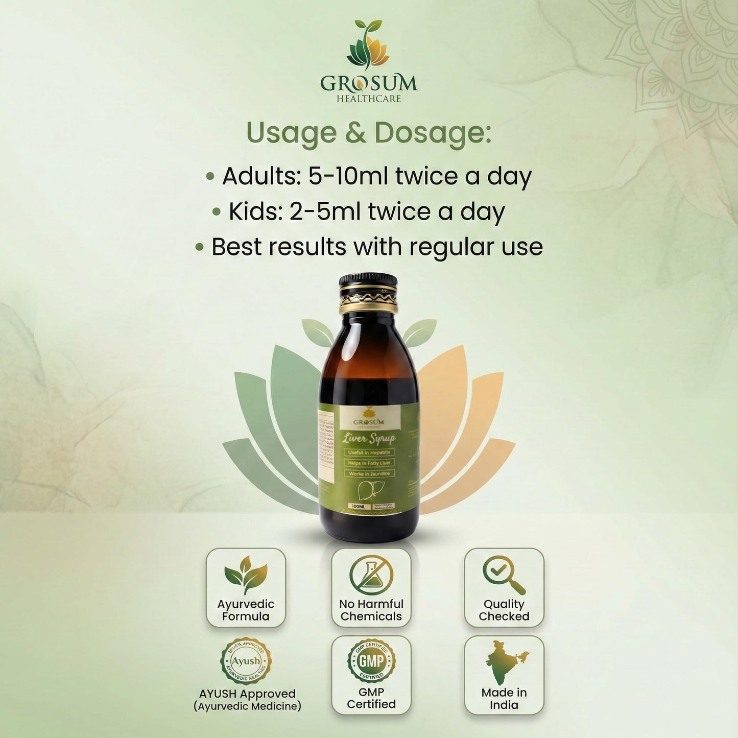 Grosum Liver Syrup – With 17 Ayurvedic Herbs like Rohitaka, Punarnava, Guduchi & Amla, 200ml
