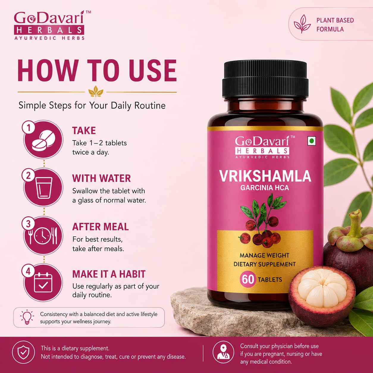 GoDavari Herbals Vrikshamla Garcinia HCA Tablets, Weight Management Dietary Supplement Non-GMO, 60 Tablets