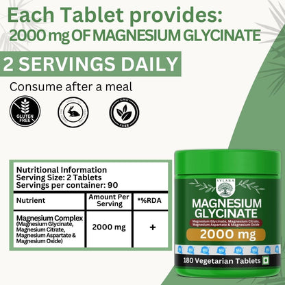 SYLARA Chelated Magnesium Glycinate 2000 mg - 180 Tablets/Capsules Supplement - 100% RDA (Magnesium Glycinate, Citrate, Aspartate Complex)