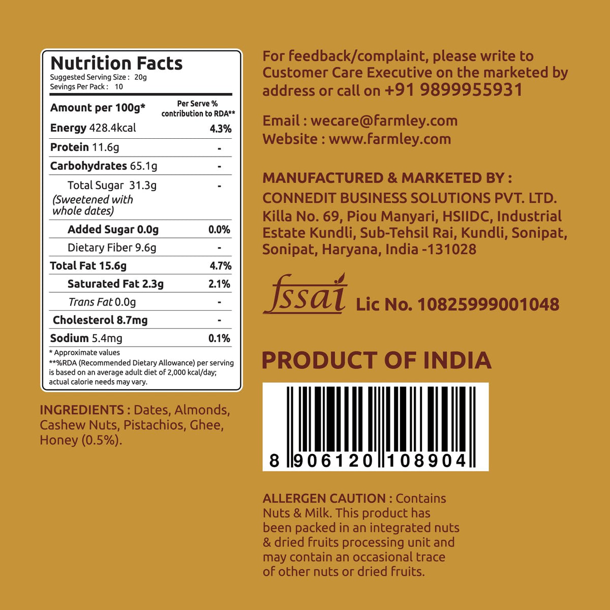 Farmley Date Bites I Dates Barfi Made with Dates, Pista, Cashews, Almonds, Honey and Pure Ghee I Dry Fruits Nuts, Healthy Snacks Sweets,Gluten Free, No Added Sugar (200g, Dates Bites Jar)
