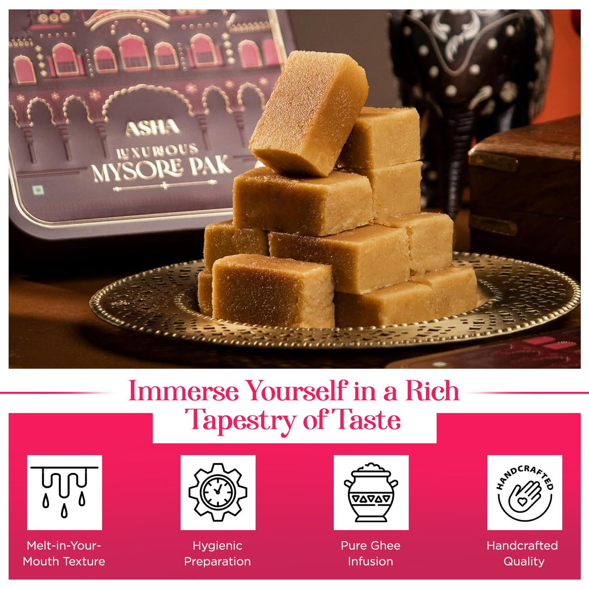 ASHA SWEET CENTER Handcrafted Mysore Pak (500G) | Made With Pure Desi Ghee | Melts In Mouth | Special Indian Mithai | Delicious & Healthy Exclusive Sweets Gift Box | Traditional Taste of Mysuru