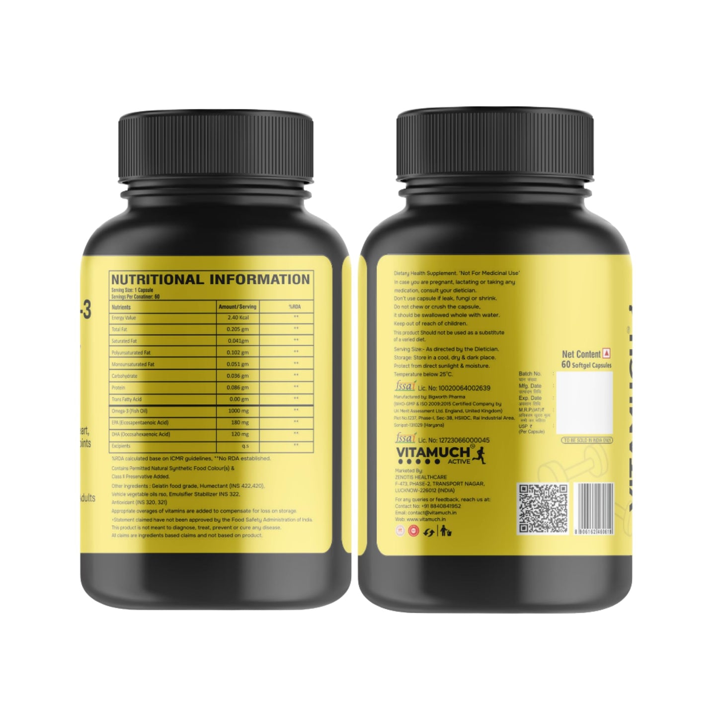 Vitamuch Omega-3 Fish Oil Capsules | EPA 180mg + DHA 120mg | Supports Heart, Brain & Joint Health | Deep Sea Fish Oil | 60 Softgel Capsules