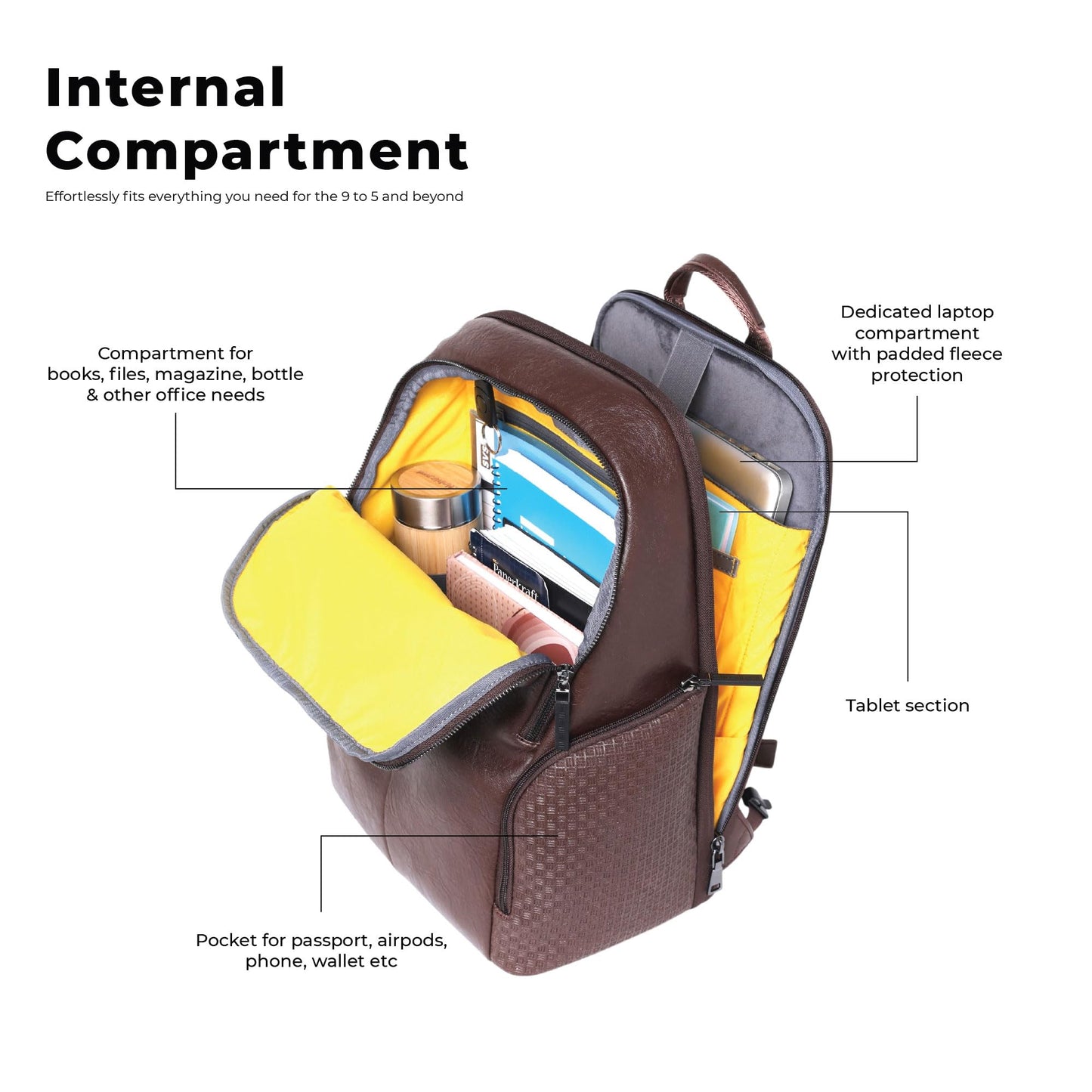 EUME Helix 28L Backpack Bag For Man, Rustic Brown| 2 Large Compartment office Laptop Backpack | Fits Up to 15.6" Laptop | Vegan Leather | Travel Bag | Laptop Backpack For Men and Women