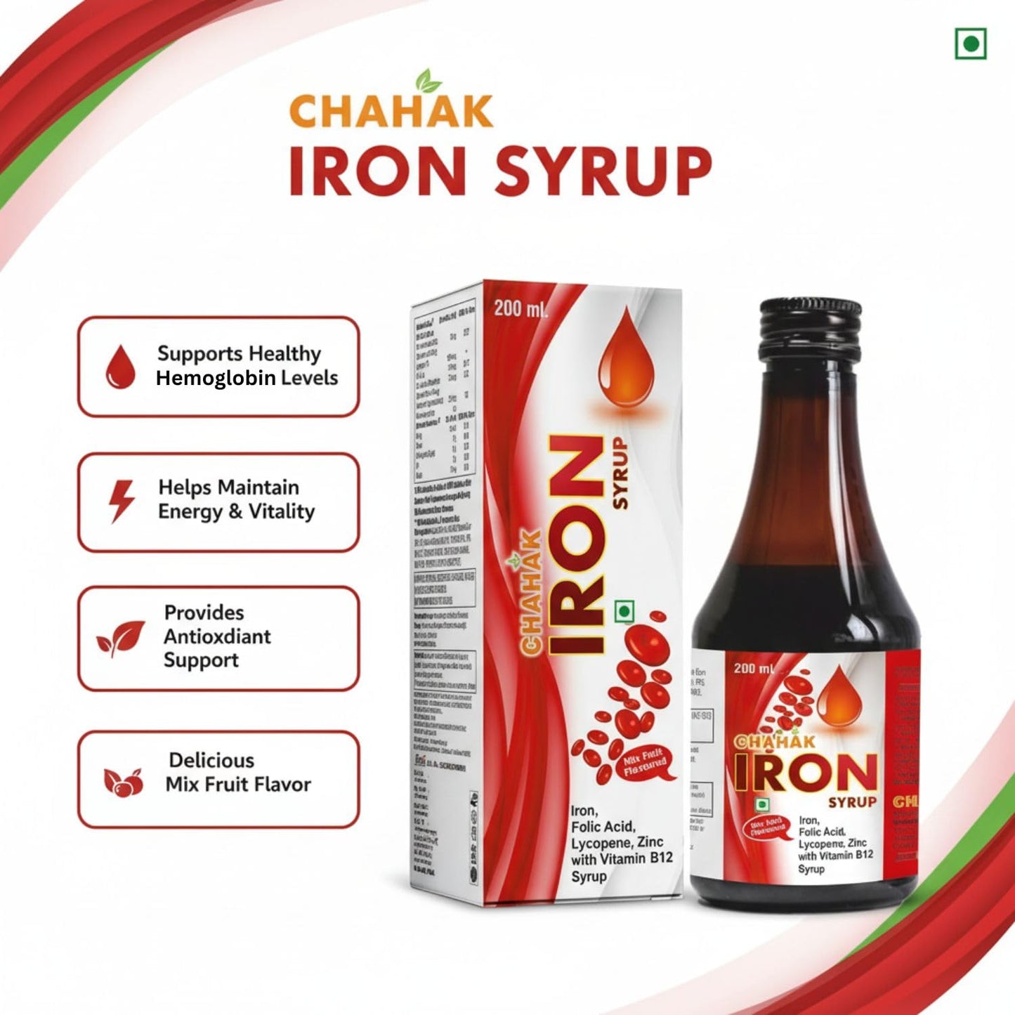 CHAHAK Iron Syrup with Folic Acid & Vitamin B12 – Hemoglobin Booster Syrup for Anemia, Fatigue & Weakness – Iron, Lycopene & Zinc Health Tonic – Mixed Fruit Flavour – 200 ml (Pack of 2)