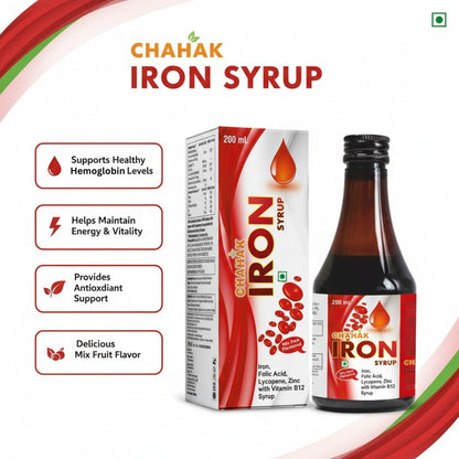 CHAHAK Iron Syrup with Folic Acid & Vitamin B12 – Hemoglobin Booster Syrup for Anemia, Fatigue & Weakness – Iron, Lycopene & Zinc Health Tonic – Mixed Fruit Flavour – 200 ml (Pack of 2)