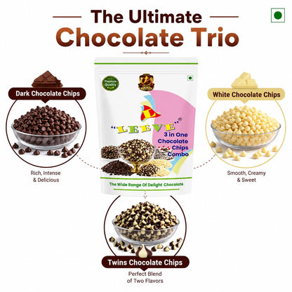 Leeve 3 in One Chocolate Chips Combo 400g | White Chocolates Chip, Dark Choco Chip's & Twins Chocolate Chips | Baking Toppings for Cakes, Cookies, Brownies & Dessert Decoration