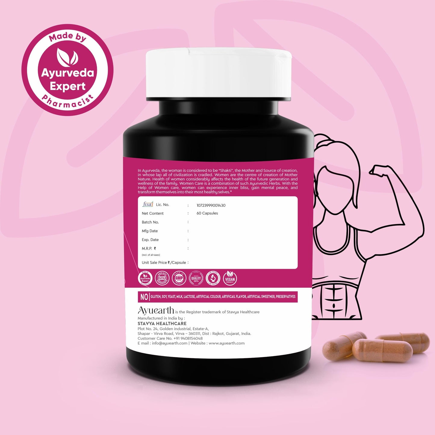 Ayuearth Women Care Capsule 500 mg | Women Wellness | Multiherbal Capsule | Support Female Immune System | Promotes Energy Levels | Restore Hormonal Balance | 60 Veg Capsules