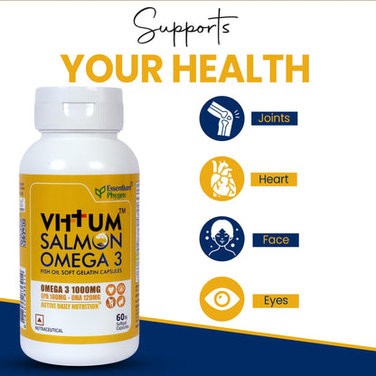 Essentium Phygen Vittum Omega-3 Salmon Fish Oil 1000mg, 60 Softgel Capsules, No Smell, EPA & DHA Supplement for Heart, Brain, and Eye Health