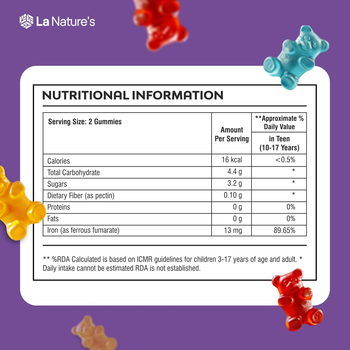 La Nature's Iron Gummies Superfood to Prevent Fatigue and Boost Energy Maintain Hameglobin Level Supports Immune System Good for Pregnancy Health for Women Strawberry Flavour Gummy Bears 30 Gummies