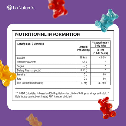 La Nature's Iron Gummies Superfood to Prevent Fatigue and Boost Energy Maintain Hameglobin Level Supports Immune System Good for Pregnancy Health for Women Strawberry Flavour Gummy Bears 30 Gummies