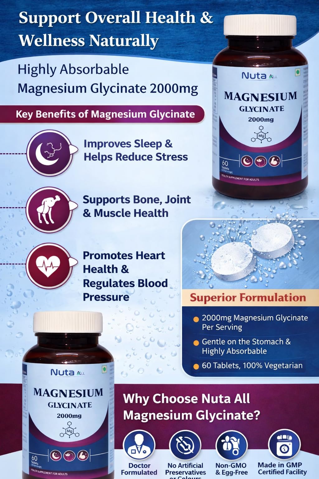 Magnesium Glycinate 2000mg Tablets for Adults | High Absorption Magnesium Supplement | Supports Sleep, Muscle Recovery & Stress Relief | 60 Tablets