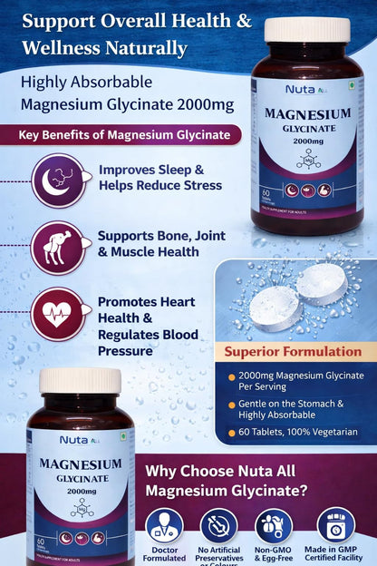 Magnesium Glycinate 2000mg Tablets for Adults | High Absorption Magnesium Supplement | Supports Sleep, Muscle Recovery & Stress Relief | 60 Tablets