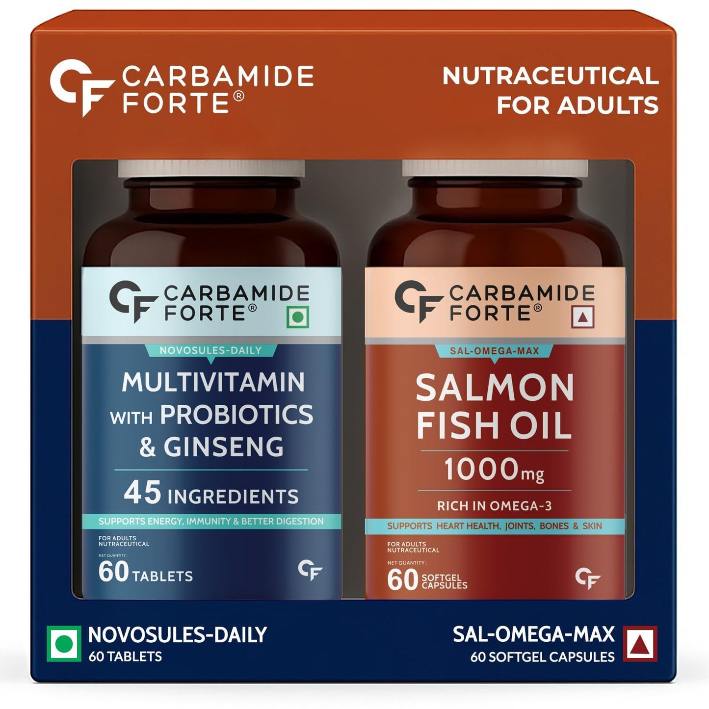 Carbamide Forte Multivitamin Tablet & Omega 3 fish oil capsules - 60 Tablets + 60 Softgel Capsules & Probiotics Supplement 50 Billion CFU – 60 Capsules