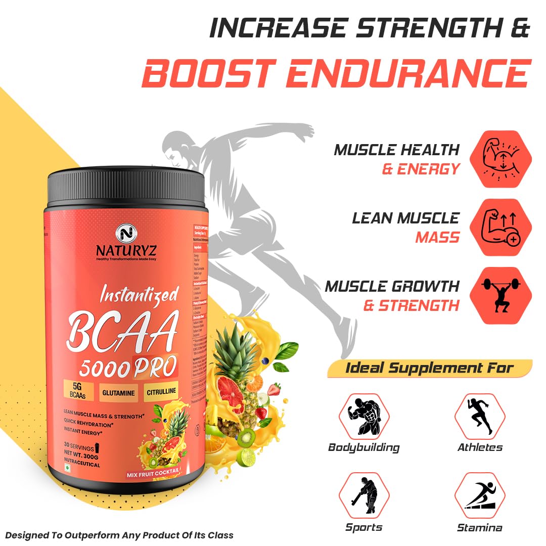 NATURYZ Instantized BCAA 5000 PRO |5G Vegan BCAAs | Glutamine | Citrulline | Electrolytes | 0 Added Sugar | Powerful Intra Workout Amino for Lean Muscle Growth, Strength, Quick Re-Hydration & Instant Energy - 300g(Mix Fruit Cocktail)