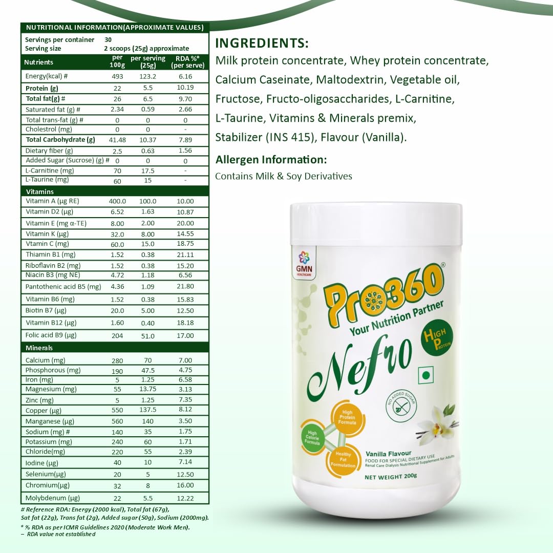 PRO360 Nefro HP (Fka Nephro HP) High Protein Dialysis Care Nutritional Supplement Powder - High Fat Formula Enriched With L-Taurine, L-Carnitine|No Added Sugar, Vanilla Flavour 200 Gram