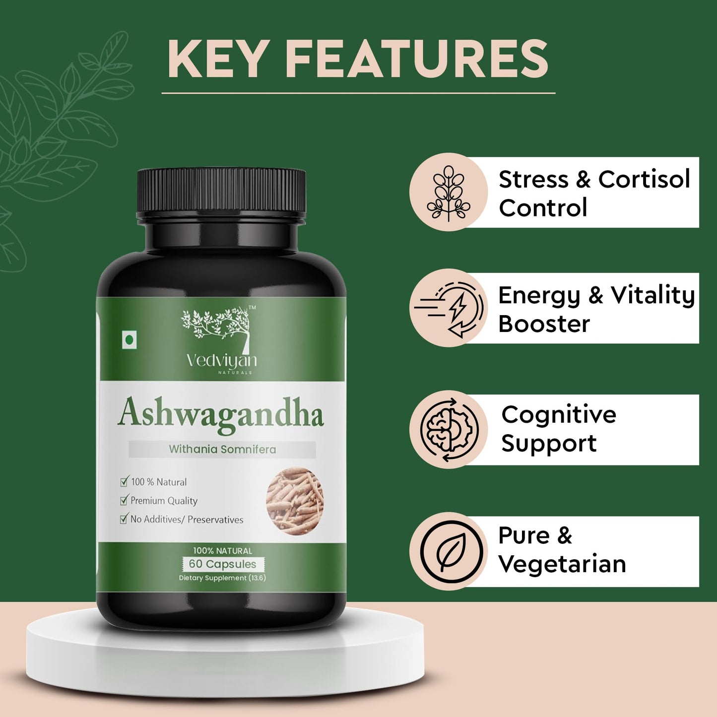 VedViyan Naturals Ashwagandha Capsules 500 mg 60 capsules-Natural stress relief and energy booster-supports immunity,brain health-care 100% vegetarian, premiun quality