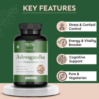 VedViyan Naturals Ashwagandha Capsules 500 mg 60 capsules-Natural stress relief and energy booster-supports immunity,brain health-care 100% vegetarian, premiun quality