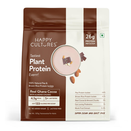 Happy Cultures 26g Tastiest Plant Protein| Chocolate, Almond Chunks & Ashwagandha (KSM 66)| Pea & Brown Rice Protein Isolate| No Added Sugar| Vegan| 20 Complete Amino Acids| Monk Fruit Extract| Women & Men| No Bloating, Easy to Digest| Dairy Free with Pro