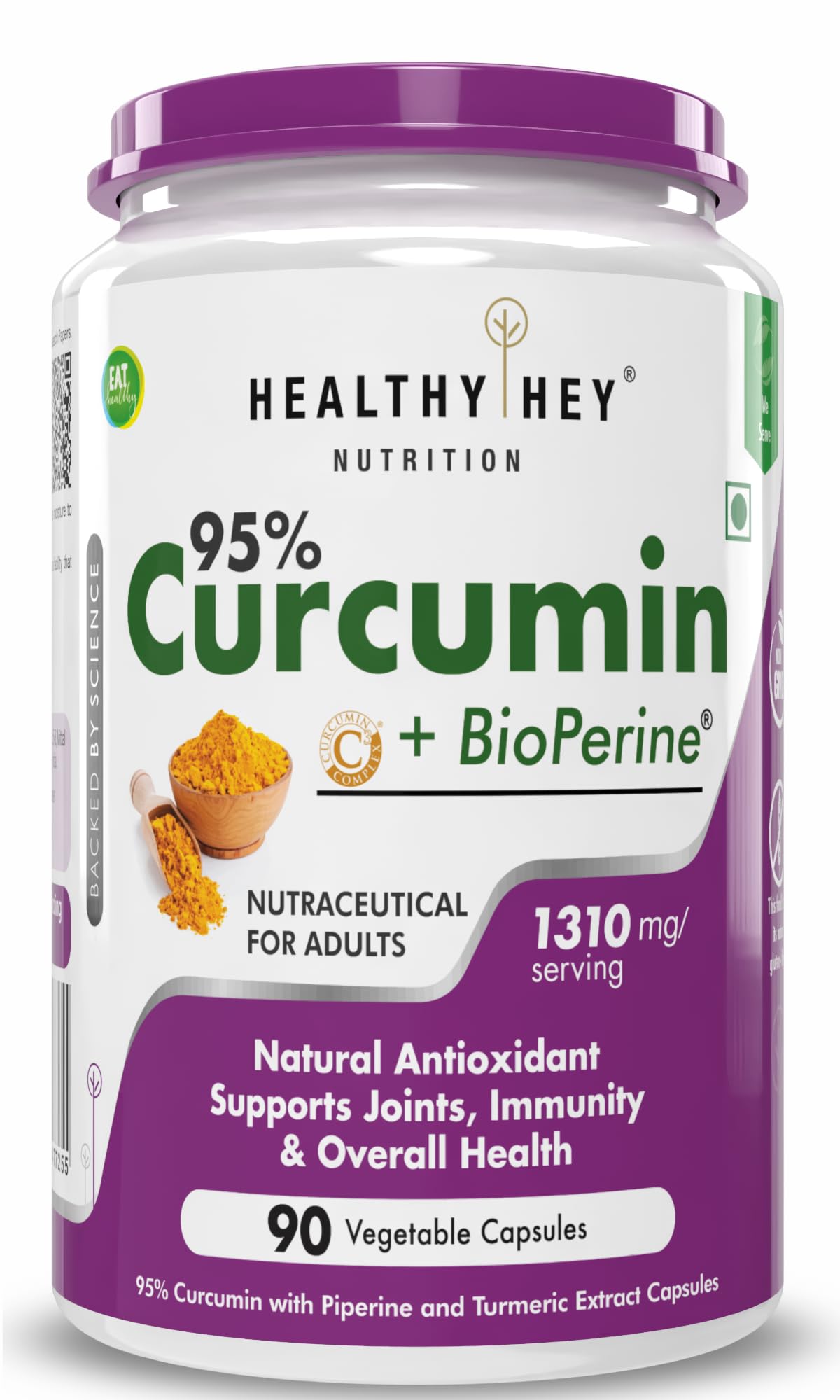 HealthyHey Nutrition Curcumin with Bioperine 1310mg (Ultra Pure) | 90 Vegetable Capsules with Piperine