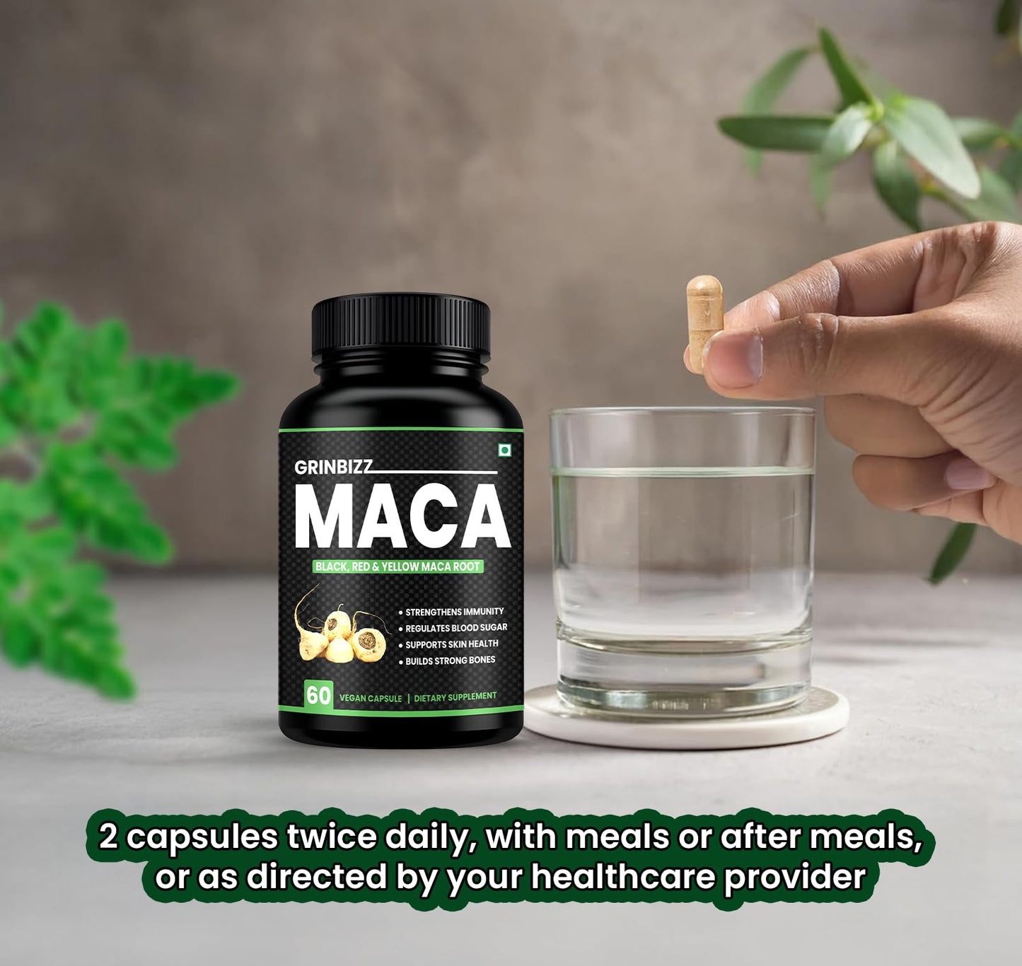Grinbizz Maca Root Capsules | Black, Red & Yellow Maca Extract | Supports Energy, Stamina, Hormonal Balance & Immunity | Herbal Natural Supplement | 60 Vegan Capsules
