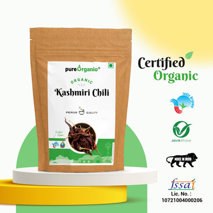 Pure Organio Organic Dried Kashmiri Chilli Whole (kashmiri Byadgi chilli) Authentic Sun Dried Lal Mirch Spice Mild Flavor (200 Gm)