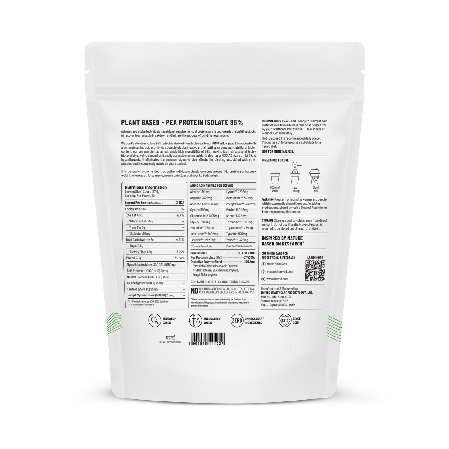 Unived Pea Protein Isolate with Advanced Enzyme Matrix, Plant-Based, BCAAs, Amino Acid, Lean Muscle Development, Non-GMO & Sugar-Free, Natural (Raw 30 Servings)