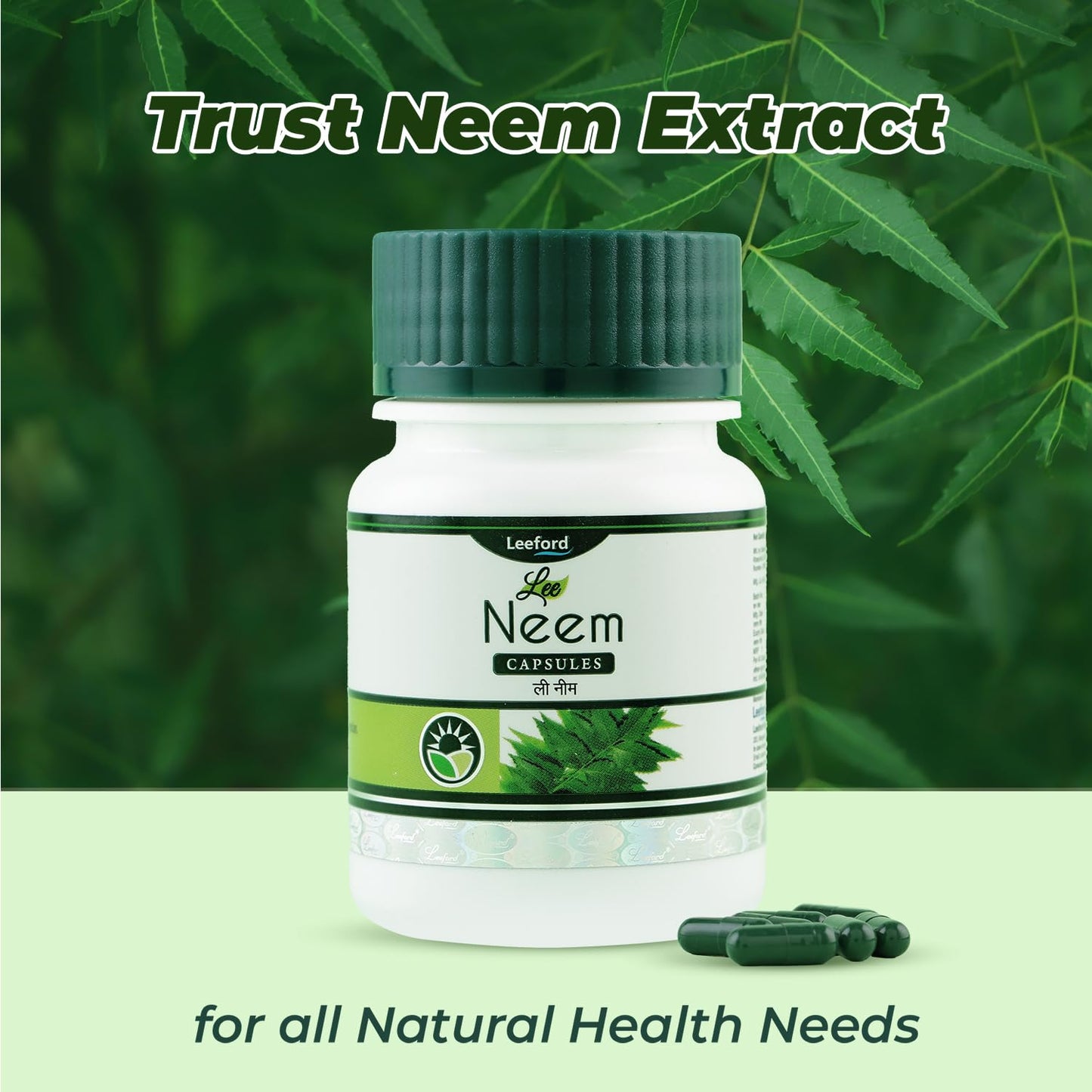 Lee Neem Capsules | Pure Neem Extract Supplement | Natural Protection Against Allergies & Infections | Promotes Clear Skin & Healthy Hair | 60 Capsules (Pack of 2)
