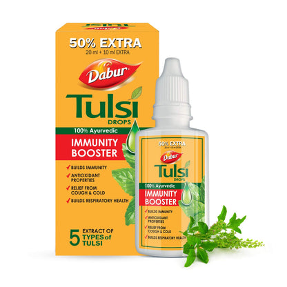 Dabur Tulsi Drops : 30ml (20ml + 10ml Free) | Contains Extracts of 5 Rare Tulsi | Boosts Immunity | Cough And Cold Relief | 100% Ayurvedic | Builds Respiratory Health