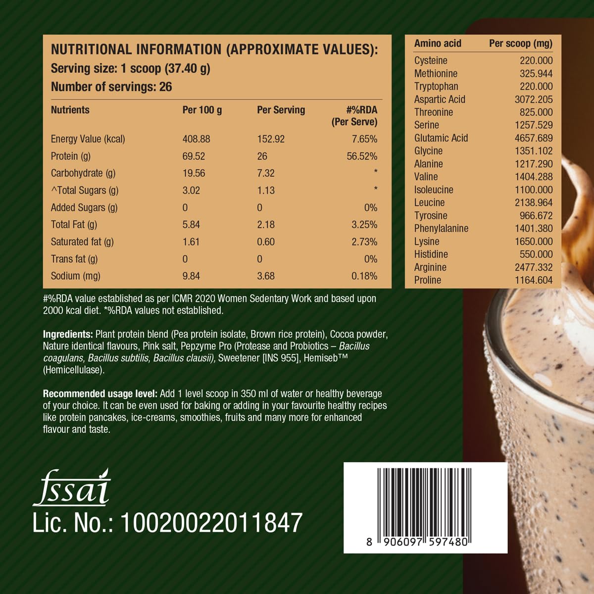 Fast&Up Plant Protein - 26g Certified Protein from USA with 4.6g BCAA, 4.8g Glutamine. Smooth & Creamy Protein to Support Muscle Health & Recovery -25 servings, Cookies and Cream flavour