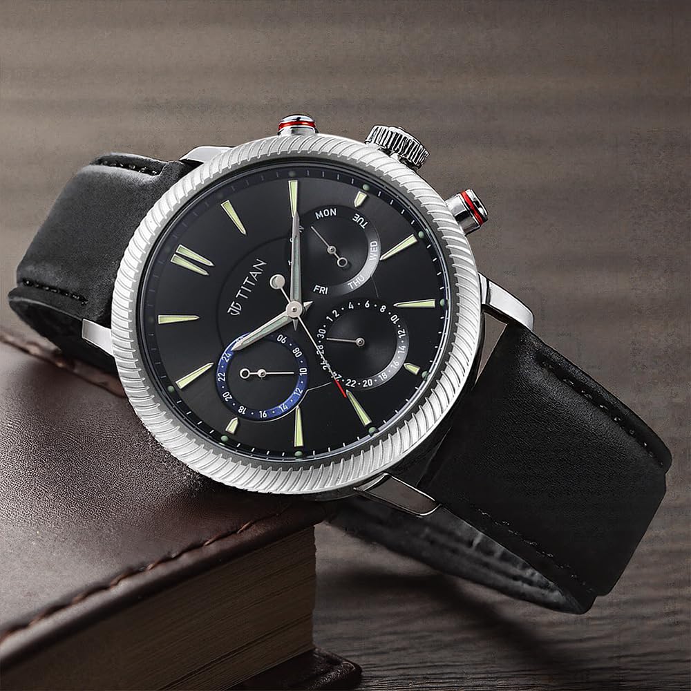 Titan Regalia Stellar Quartz Multifunction Black Dial Leather Strap Wat- image 4