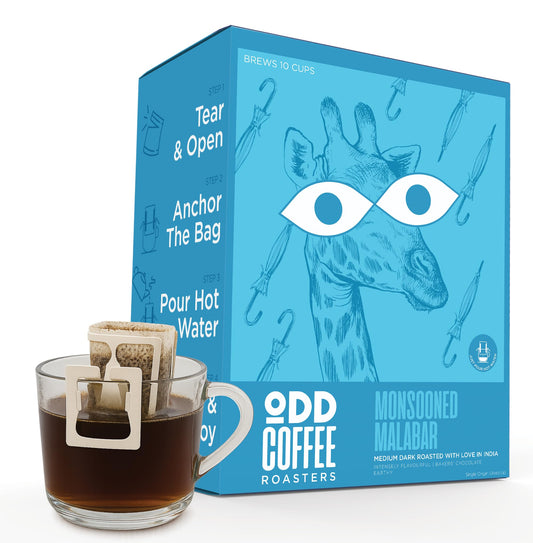 ODD COFFEE ROASTERS Easy Pour Over Coffee Drip Bags | Monsooned Malabar Medium Dark Roasted | Pack Of 10 Sachets Travel-Friendly 100% Arabica Coffee | Ready to Brew in 2 min Just Pour Hot Water
