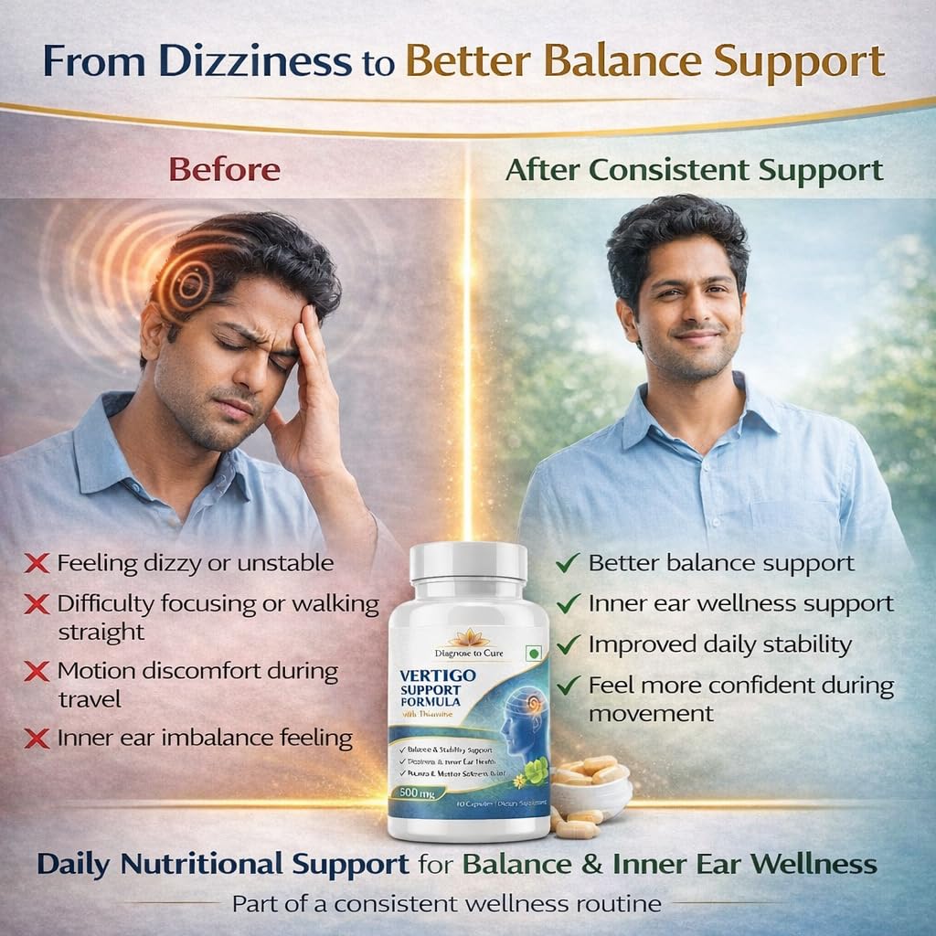 Vertigo Support Capsules – Dizziness & Inner Ear Balance Supplement | Thiamine TTFD, Vitamin B6, B12, D3, Magnesium, Ginkgo Biloba, Ginger & Taurine | Motion Sickness, Nausea & Nervous System Support | 60 Capsules