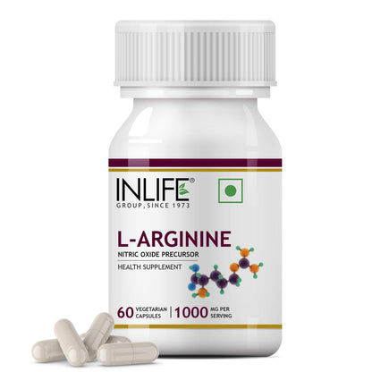 INLIFE L Arginine with L Citrulline | Nitric Oxide Precursor | Pre Workout Supplements for Men & Women - 60 Capsules and 200g Unflavoured