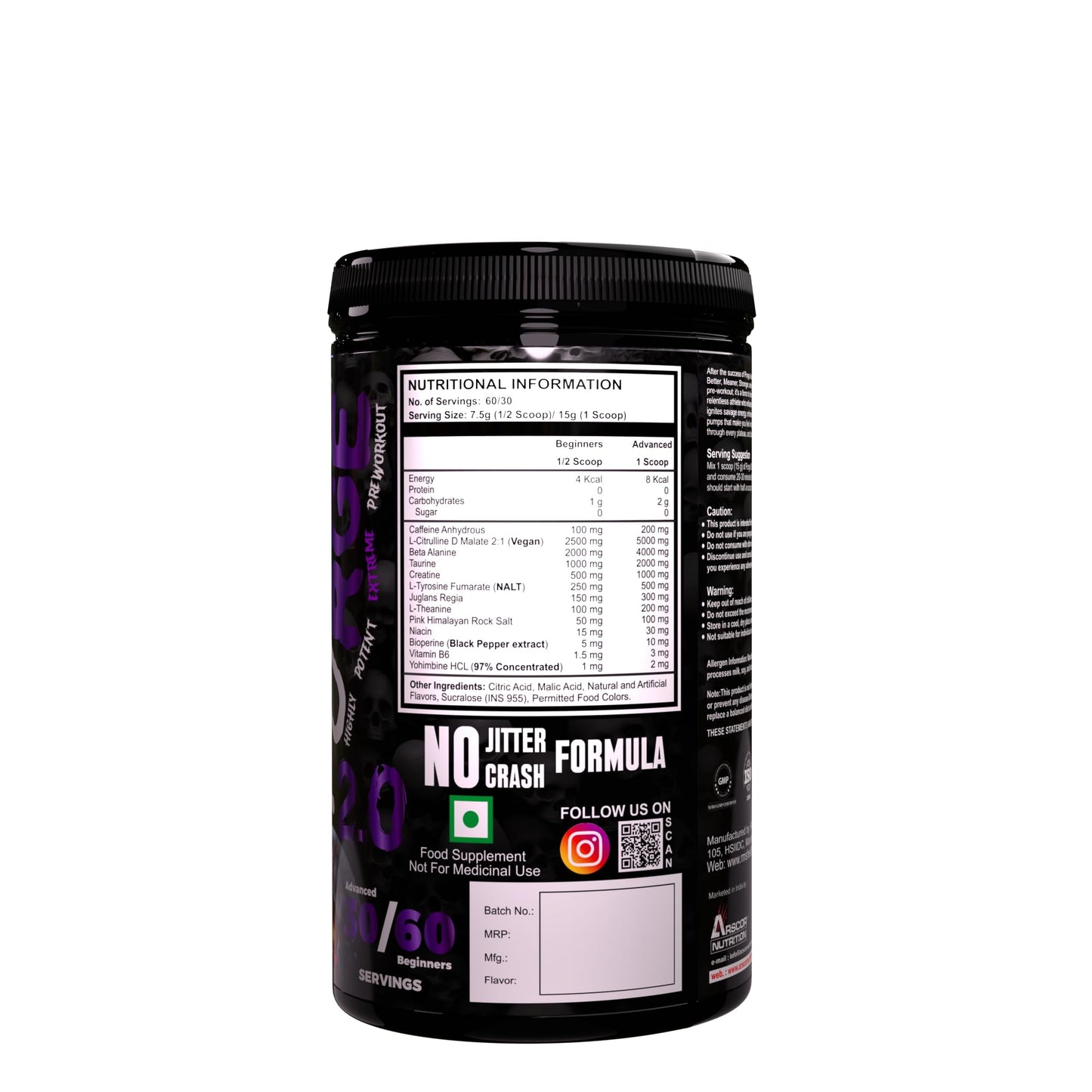 Purge 2.0 – Best Pre-Workout Powder for Men | Extreme Energy | No Jitter, No Crash | 6000mg Citrulline Malate, 4000mg Beta-Alanine, 300mg Caffeine | 450g | Rocket Pop