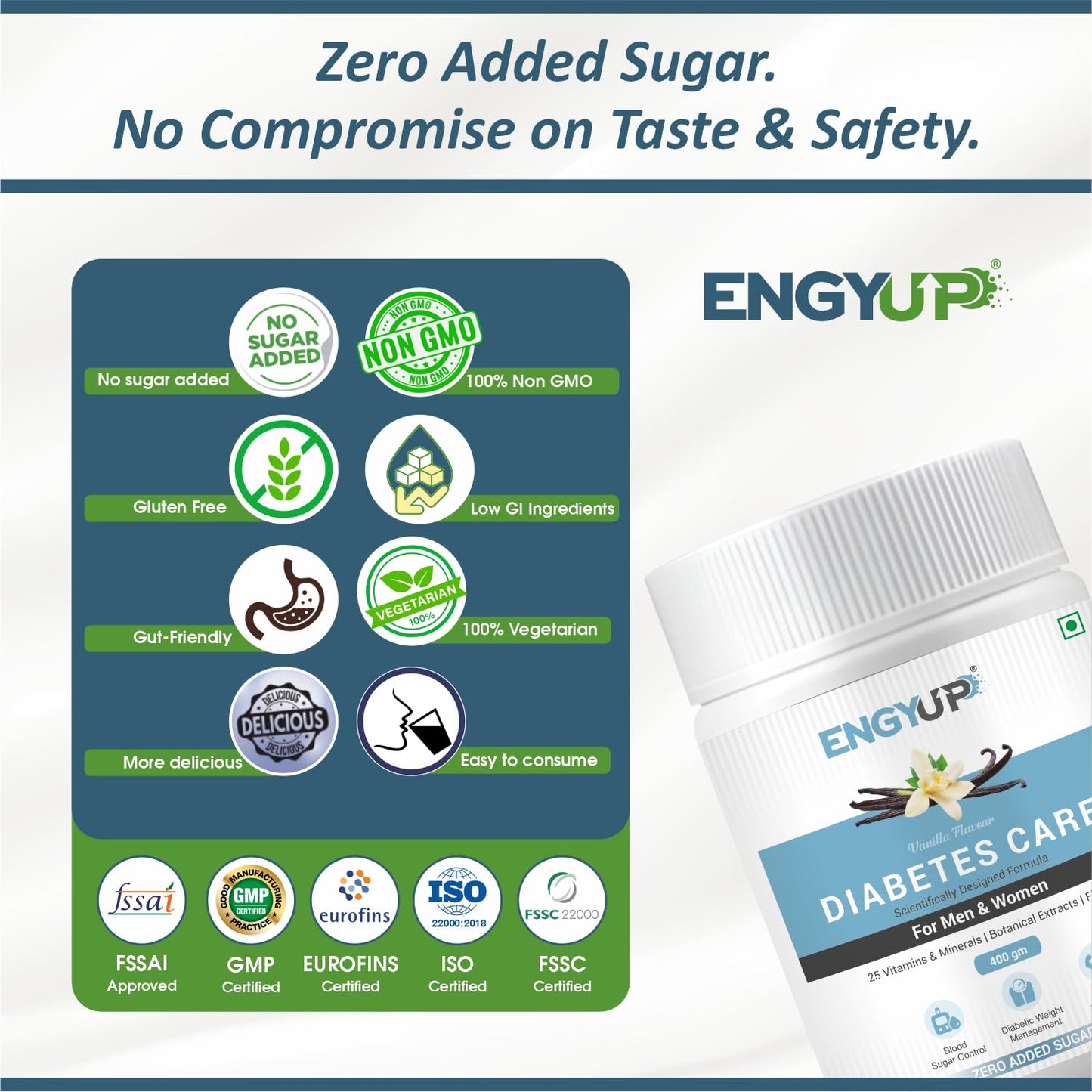 ENGYUP Diabetes Care Powder – Triple Blend Protein with Low GI & Zero Added Sugar, Vanilla Flavor, 400g