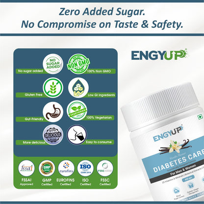 ENGYUP Diabetes Care Powder – Triple Blend Protein with Low GI & Zero Added Sugar, Vanilla Flavor, 400g