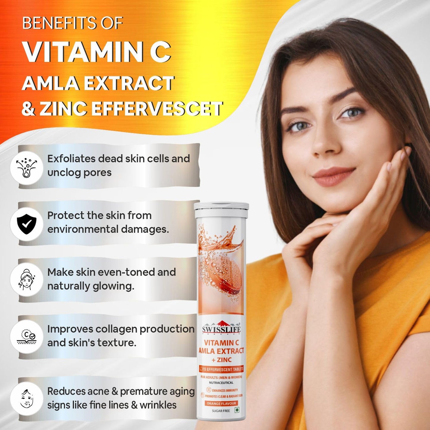 SWISSLIFE FOREVER Vitamin C Amla Extract with Zinc (15 Effervescent Tablets) | Support Immunity & Promotes Clear, Radiant & Acne Free Skin | Orange Flavour for Men & Women