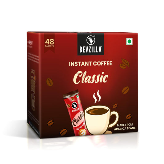 Bevzilla 48 Classic Instant Coffee Sachets | Arabica Coffee | Perfect for Espresso, Latte & Cappuccino | Enjoy Hot & Cold Brews | 96g