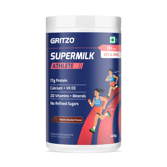 Gritzo SuperMilk Athlete (13+y Boy & Girl), 17g Protein Powder (Double Chocolate, 400g) | Zero Refined Sugar, 20 Vitamins & Minerals